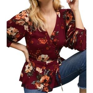Anthropologie HD in Paris Gail Wrap Blouse Floral Top Deep V Neckline Size US 6